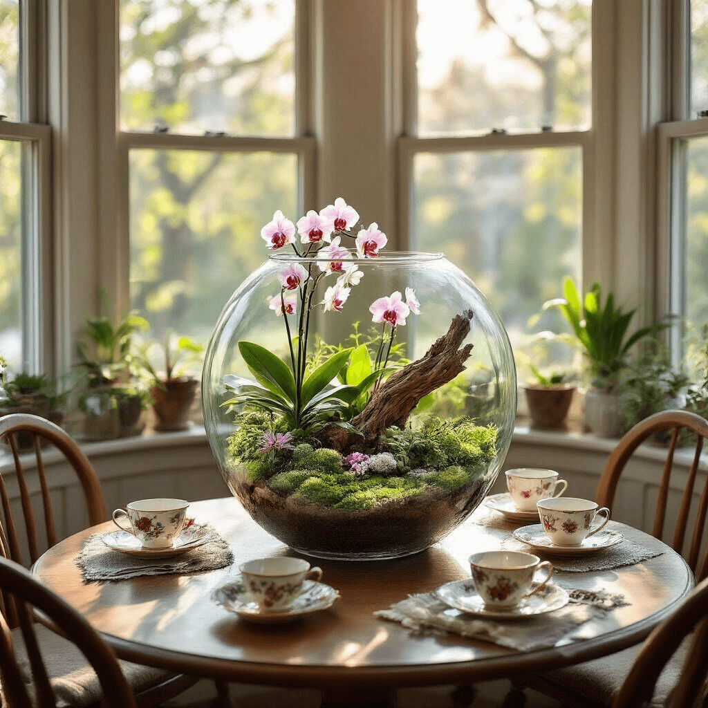 A charming breakfast nook features a round table in a curved bay window, bathed in bright morning sunlight. An oversized fishbowl terrarium brimming with miniature orchids and ferns takes center stage, surrounded by vintage teacups, a rustic breadboard, and fresh croissants. The scene is framed by sheer curtains, creating a fresh and whimsical atmosphere.