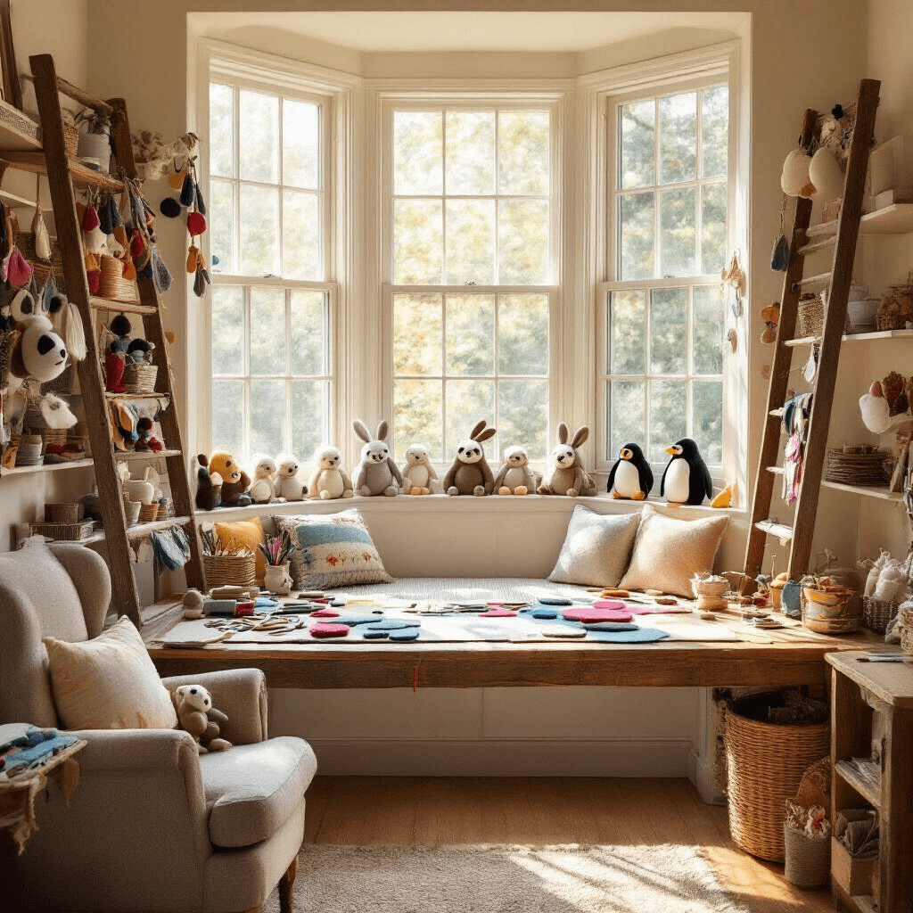 A cozy craft room illuminated by warm afternoon sunlight, featuring a large bay window with a cushioned seat, a wooden worktable cluttered with colorful felt scraps and tools, shelves displaying completed felt animals, and a comfortable armchair with a half-finished koala project.