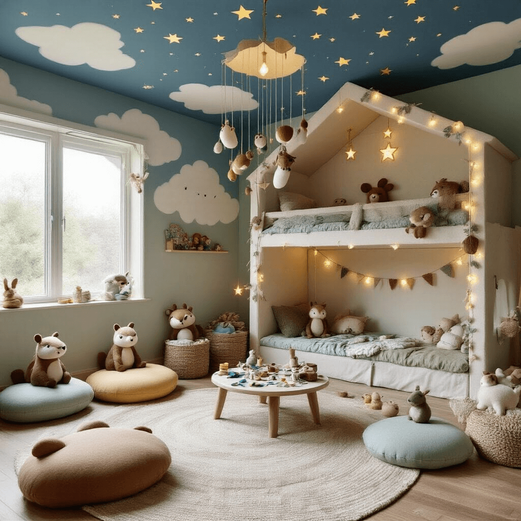 A whimsical child's bedroom transformed into a felt animal wonderland, featuring cloud-painted walls, a starry ceiling, a loft bed with a cozy craft nook beneath, a rainbow felt animal mobile with beavers, llamas, and squirrels, oversized floor cushions shaped like woodland creatures, and a low table with needle felting supplies, all illuminated by soft string lights and a moon-shaped night light.