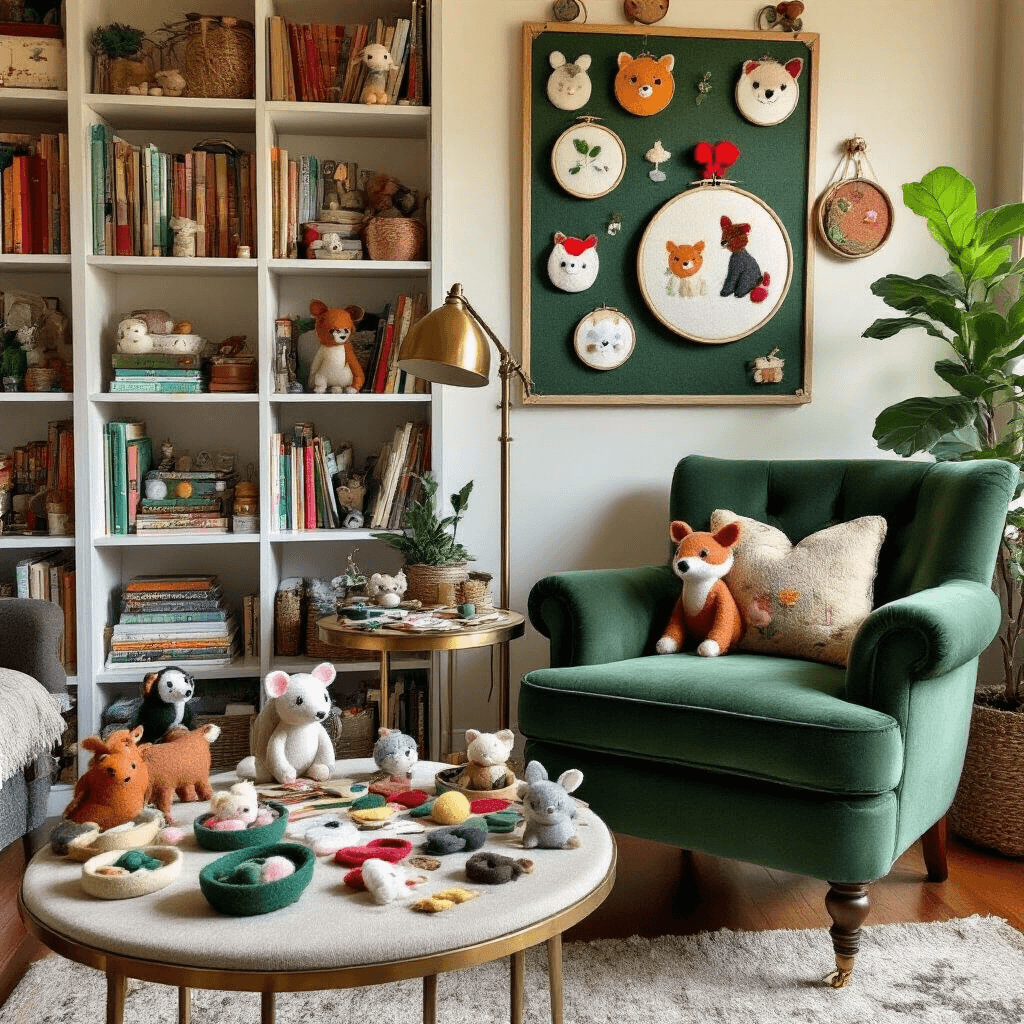 A cozy crafting nook featuring a plush green velvet armchair, a brass floor lamp, and a round side table with felt animal projects. Floor-to-ceiling bookshelves filled with craft books and supplies surround the space, while a pegboard displays colorful embroidery hoops. Warm earthy tones and a large fiddle leaf fig enhance the inviting atmosphere.
