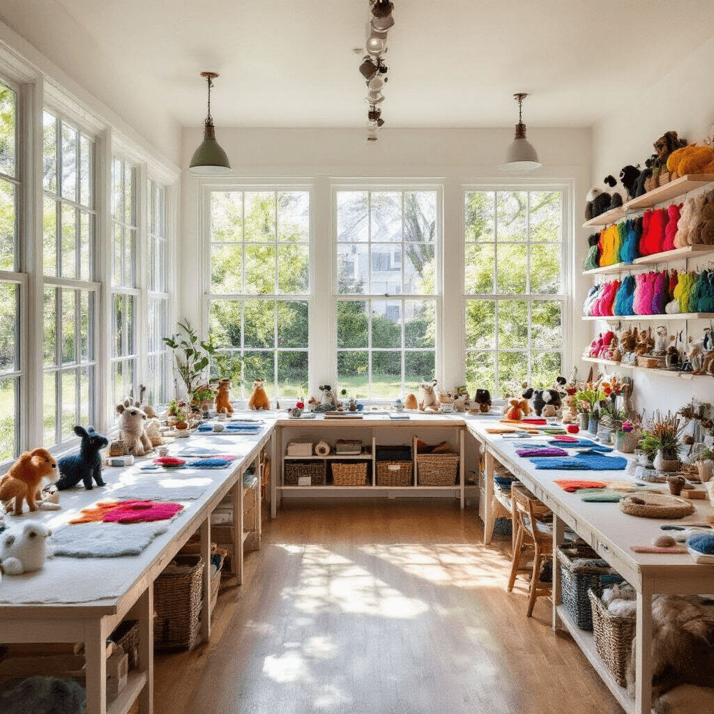 An overhead view of a bright sunroom workshop for felt animal creation, featuring long tables, a rainbow-organized felt collection, and floating shelves displaying completed projects by habitat, all filled with abundant natural light.