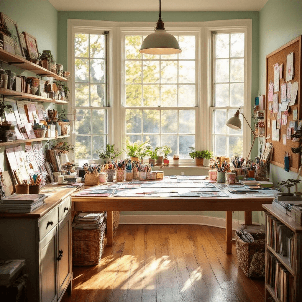 A cozy sunlit craft room featuring a central worktable cluttered with colorful scrapbooking supplies, large windows, mint green walls, and a vintage cabinet, all illuminated by soft, diffused lighting.