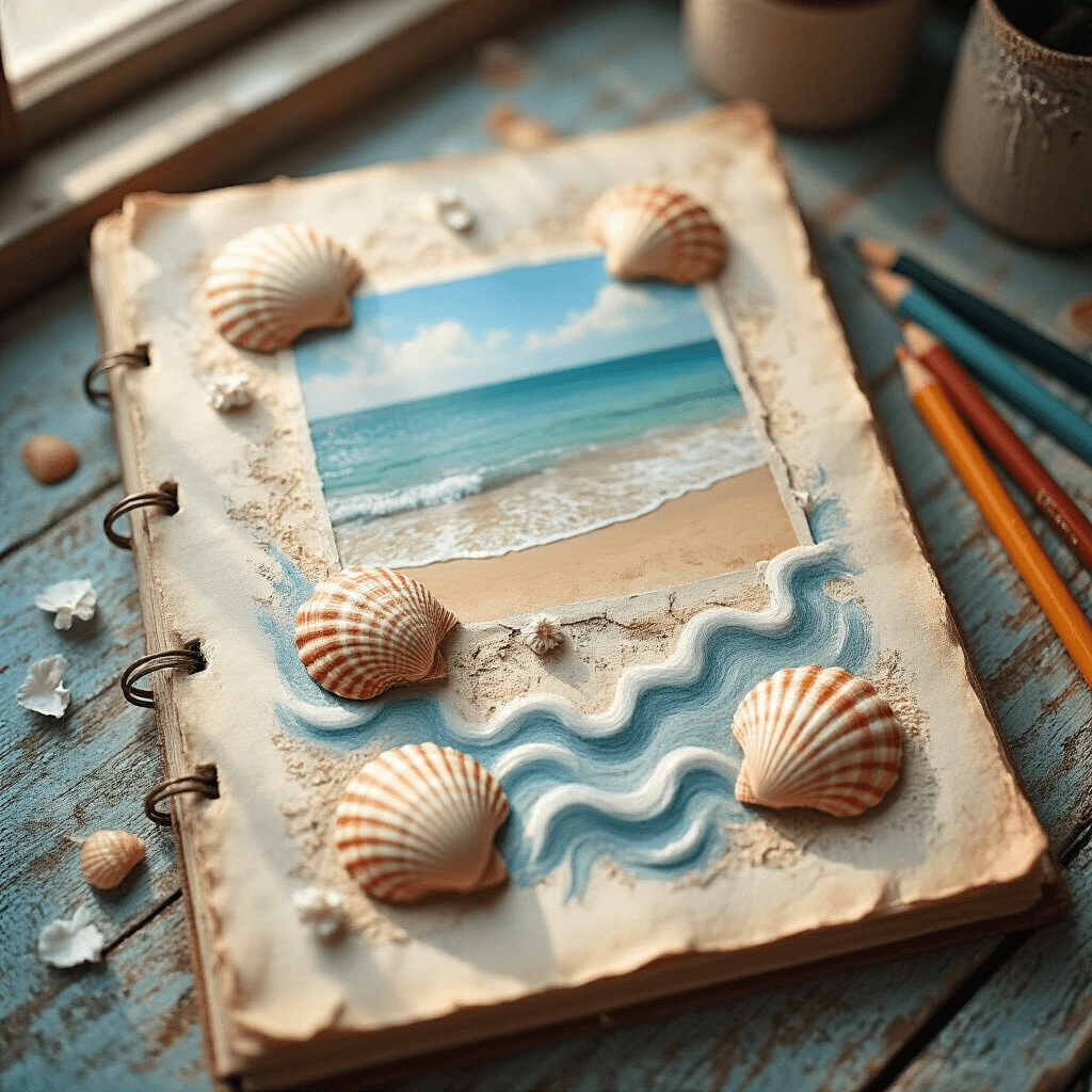 Close-up of a scrapbook page on a weathered wooden desk, illuminated by morning light. The page features a beach photo bordered with hand-drawn seashells and waves, accompanied by scattered colored pencils and fine-tip markers. Textures of paper fibers and pencil strokes are visible, with a color palette of cool blues and warm sand tones. The elevated camera angle highlights intricate details, while soft shadows add depth to the whimsical, nostalgic scene.