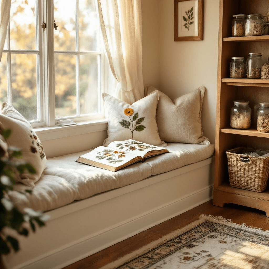 A cozy living room corner with a window seat bathed in golden hour light, featuring an open scrapbook on plush cushions, a warm oak bookshelf with glass jar craft supplies, soft cream walls, hardwood floors, and a vintage rug, all creating a dreamy and inviting atmosphere.