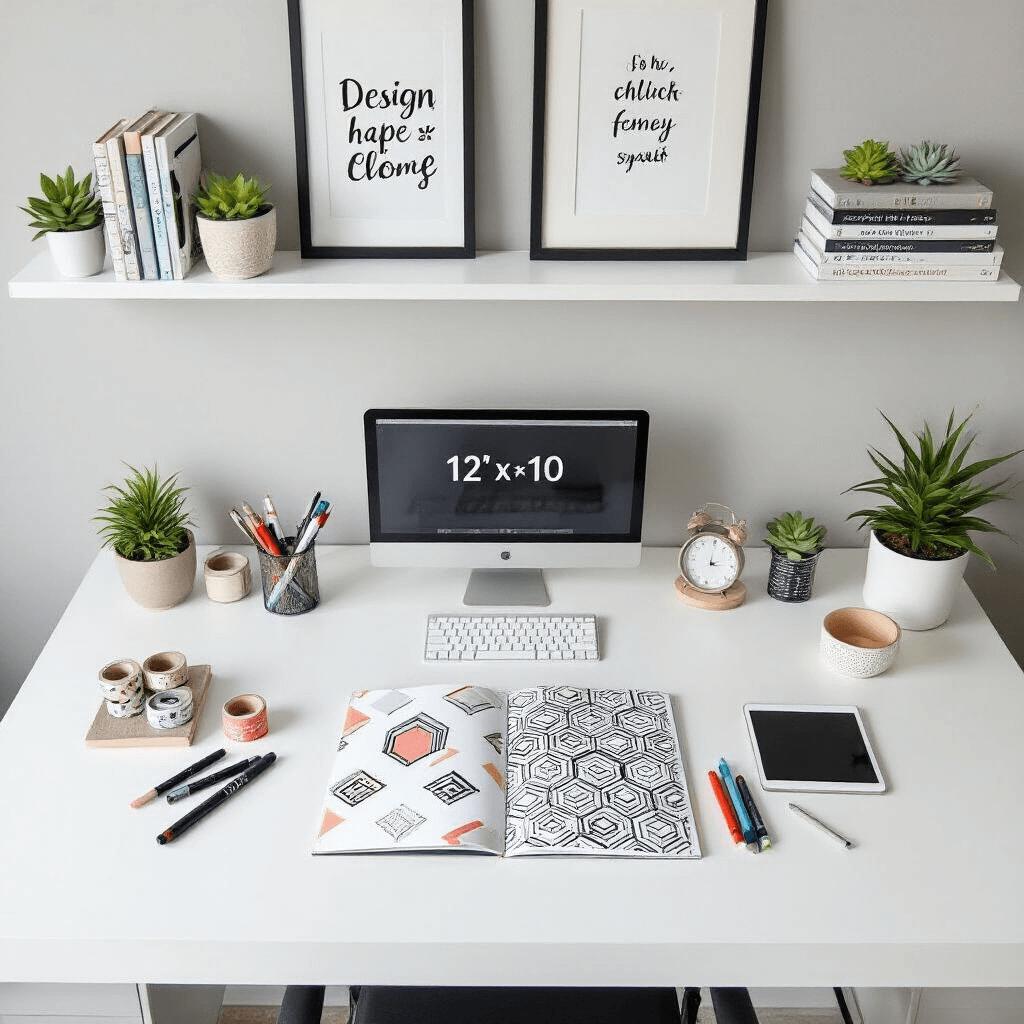 A modern home office with a sleek white desk and minimalist gray walls, showcasing a scrapbooking project with geometric patterns and mixed media elements. The workspace includes metallic markers, washi tape rolls, and a tablet displaying Pinterest, along with design books and succulents on floating shelves. The high angle shot highlights the organized and inspiring atmosphere, filled with bright lighting and pops of color.