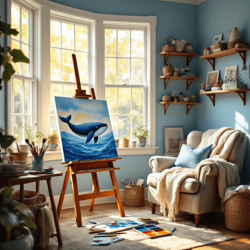 Cozy home art studio with warm afternoon light, featuring a rustic wooden easel holding a half-finished watercolor whale painting, surrounded by brushes and a vibrant palette, on soft blue walls with marine-inspired decor, a plush armchair with a chunky knit throw in the corner, all captured from an elevated angle.