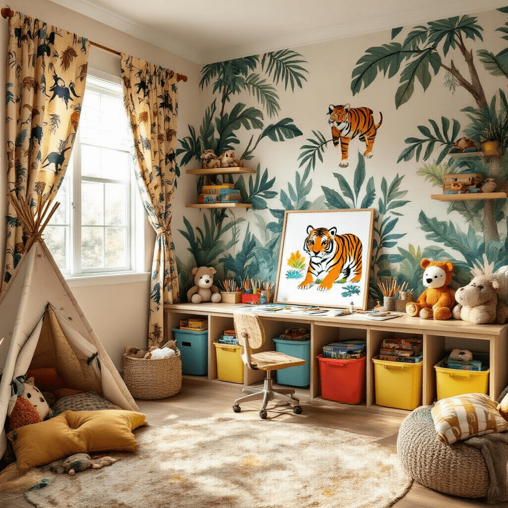 A cheerful children's bedroom transformed into a safari-themed art space, featuring a jungle mural, an art table with a watercolor tiger painting, colorful storage bins, stuffed safari animals, and a cozy reading nook with a teepee-style tent, all viewed from a child's eye-level perspective.