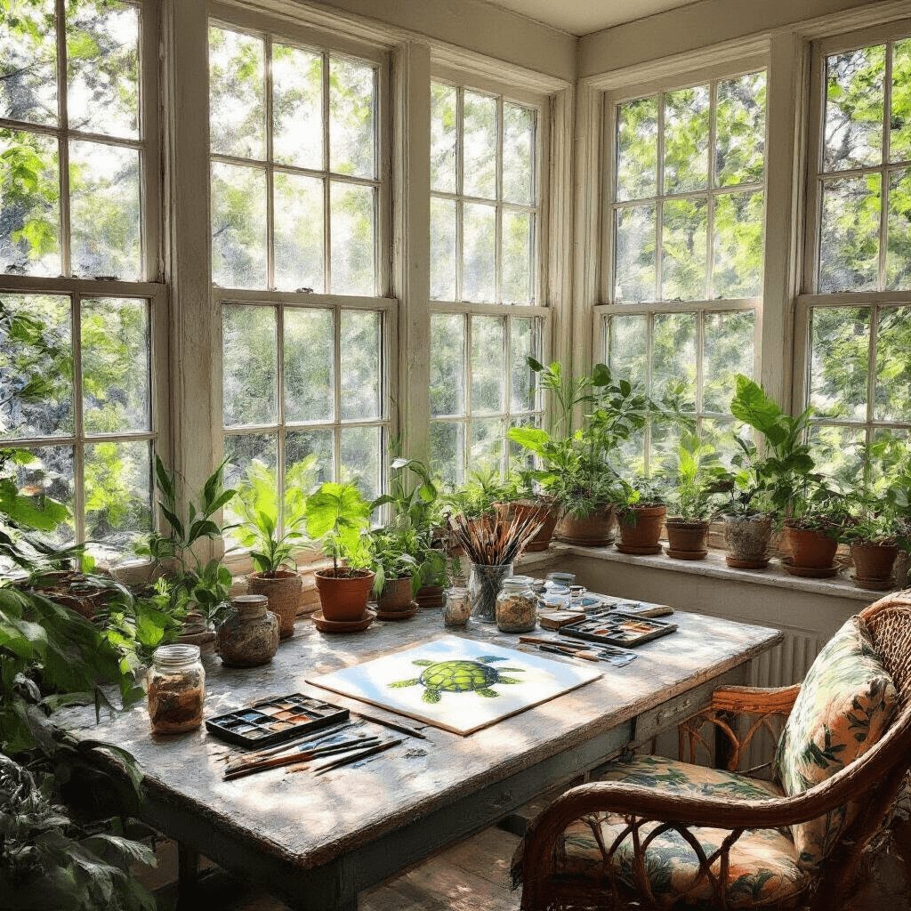 An airy sunroom painting nook with floor-to-ceiling windows, showcasing a garden view, a weathered table with a half-completed turtle watercolor, art supplies, potted plants, and a vintage rattan chair, all bathed in dappled morning light.