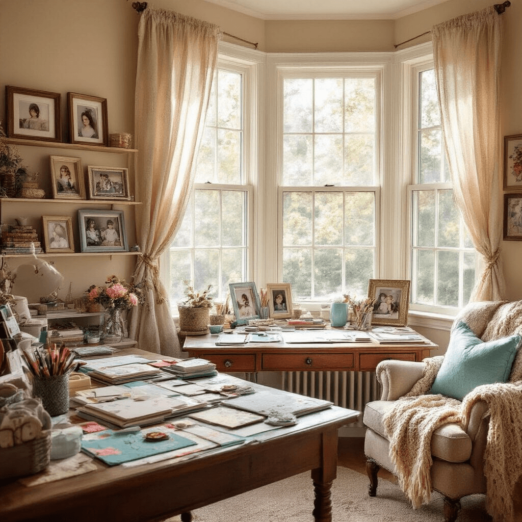 A cozy home office with warm afternoon light features a vintage wooden desk covered in scrapbooking supplies, open scrapbooks, and colorful papers. A large bay window with gauzy curtains allows natural light to fill the room. Shelves display framed mother-daughter photos, while a plush armchair with a knit throw sits in the corner. The soft beige walls are accented with teal and coral decor, creating a creative and nostalgic atmosphere.