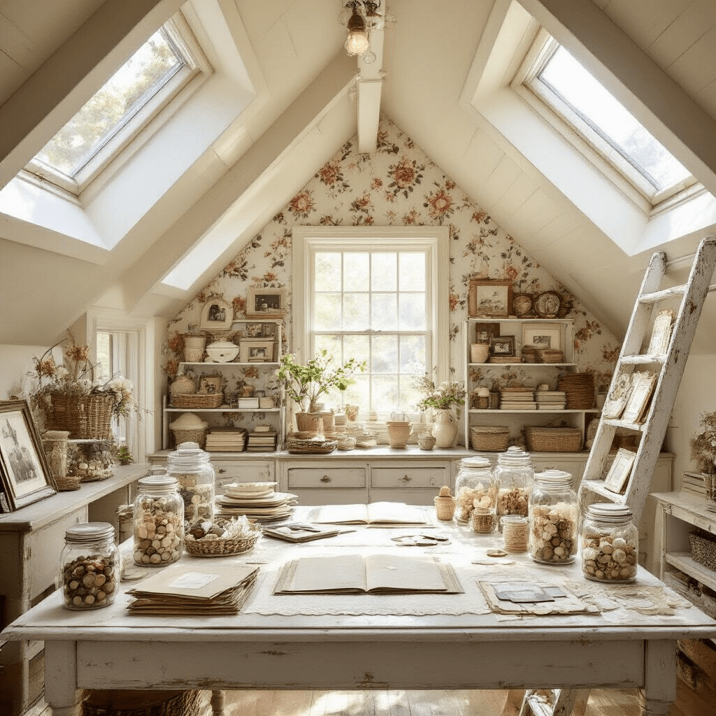 A bright and spacious craft room with vaulted ceilings and skylights, featuring a central worktable covered in vintage scrapbooking materials, mason jars filled with buttons and ribbons, and completed scrapbook pages displayed on a distressed white ladder, all illuminated by morning sunlight.