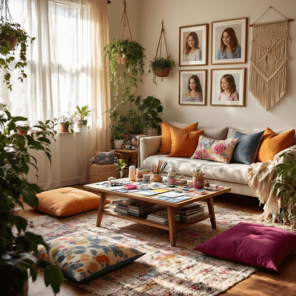 An eclectic living room transformed into a scrapbooking haven, bathed in golden afternoon light, featuring a low coffee table surrounded by jewel-toned floor pillows, colorful scrapbooking supplies, hanging plants, macramé wall art, and a gallery wall of mother-daughter photos, creating a warm and inviting atmosphere.