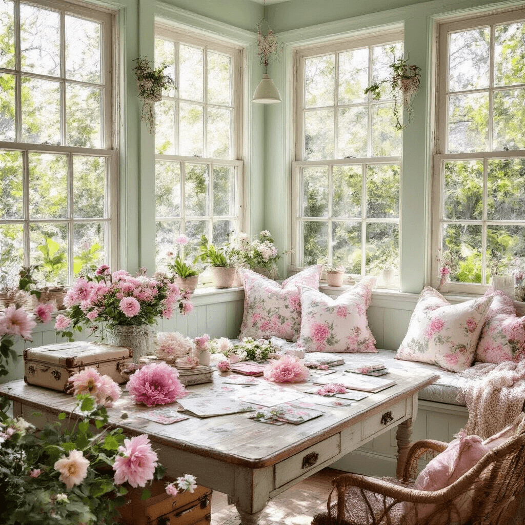 A bright and inviting sunroom converted into a craft space, featuring a farmhouse table with floral scrapbooking materials, vintage suitcases filled with supplies, a cozy window seat with floral cushions, and a vibrant garden view through floor-to-ceiling windows, all bathed in morning light with pale mint walls and decor accents in pink and lavender.