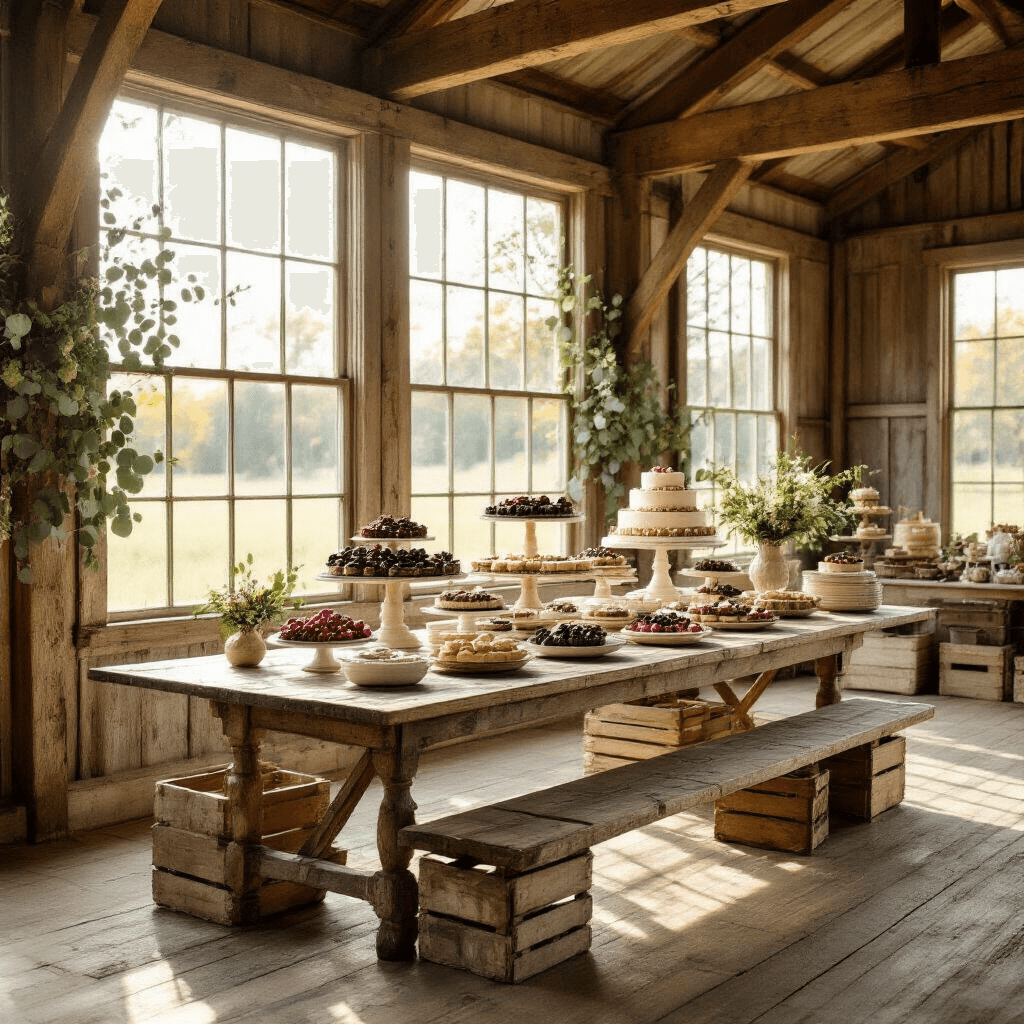 A sunlit barn interior with exposed wooden beams and rustic decor, featuring a central weathered farm table adorned with dessert displays, vintage crates, and fresh fruit, evoking a warm and inviting atmosphere.