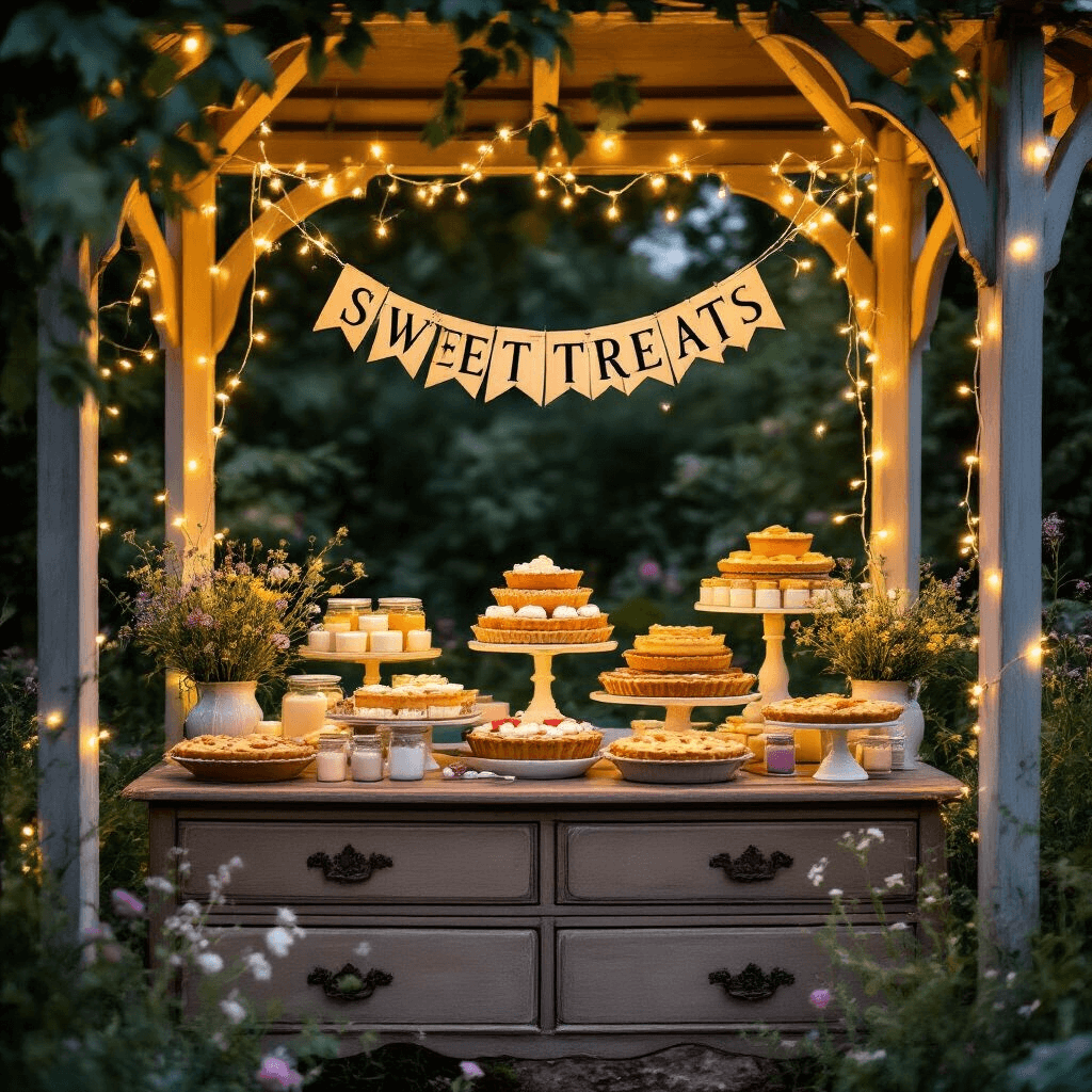 A cozy garden gazebo at twilight, adorned with fairy lights, featuring a vintage dresser filled with colorful desserts and pies, surrounded by wildflowers and a 'Sweet Treats' banner.