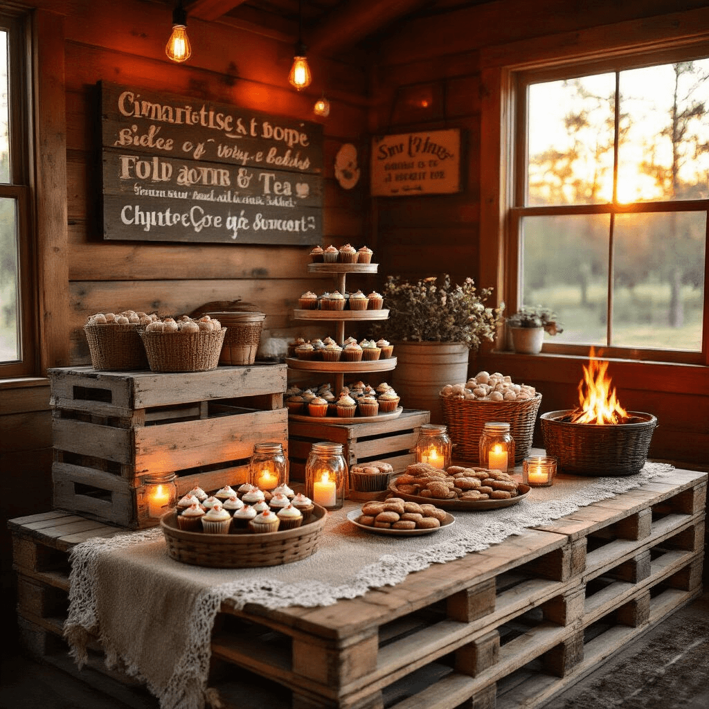 A cozy rustic cabin interior with a wooden pallet table stacked with vintage crates of cupcakes and cookies, illuminated by mason jars of tea lights, featuring a s'mores station, warm colors of deep red, orange, and green, captured from a low angle for an intimate atmosphere.