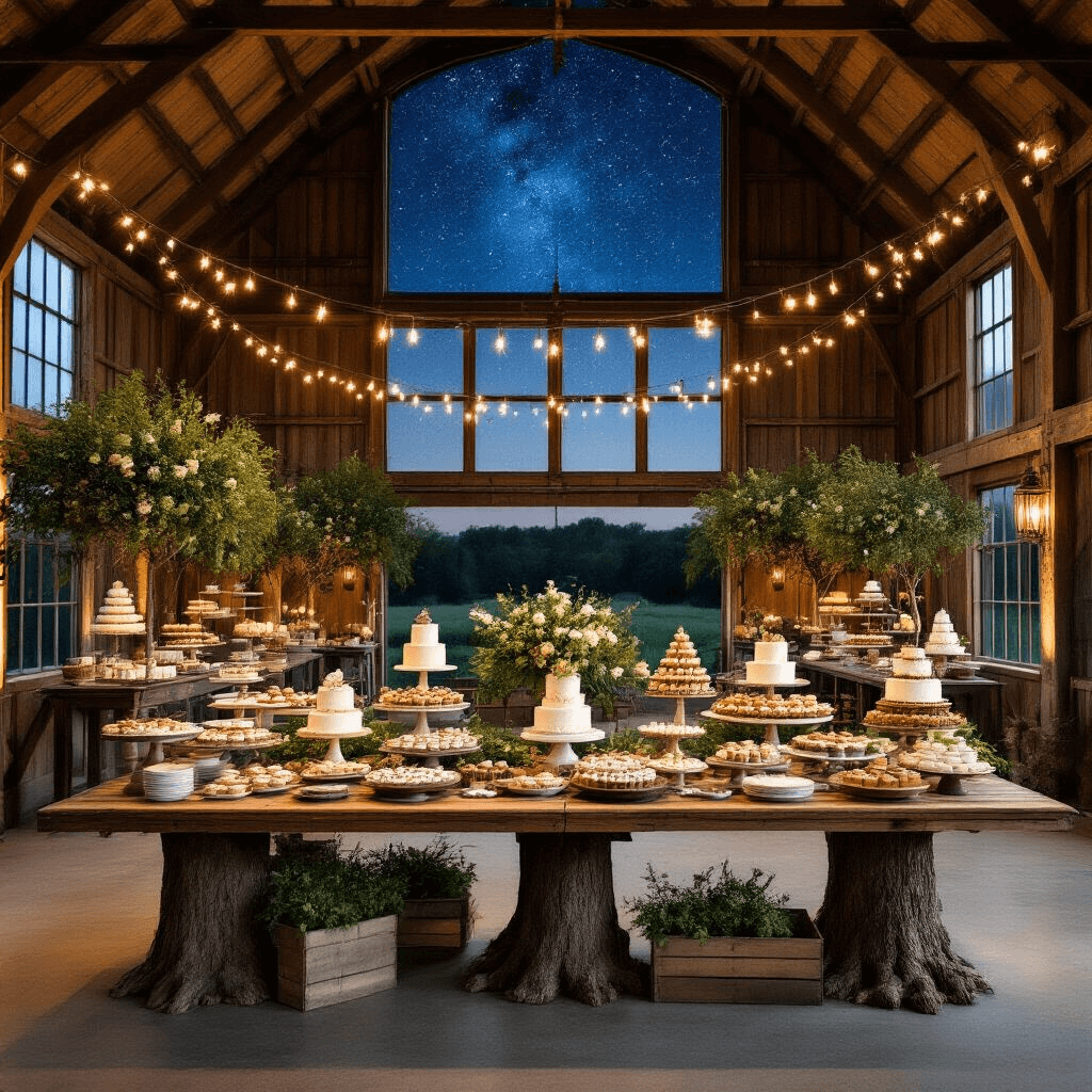 A beautifully decorated barn loft with dessert stations, a grand harvest table, and a starry night sky view, featuring soft greenery, warm lighting, and an inviting ambiance.