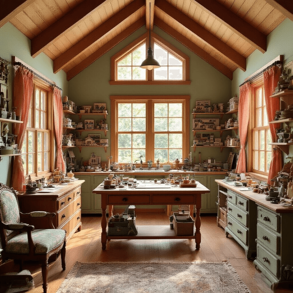 A sunlit craftsman-style dollhouse workshop with vaulted ceilings and exposed beams, featuring a central workbench cluttered with miniature siding and paint supplies. Shelves filled with dollhouse kits and architectural elements line the walls, while a vintage dresser repurposed for tools stands in a corner. The warm wood tones, sage green walls, and coral accents create a vibrant, creative space.