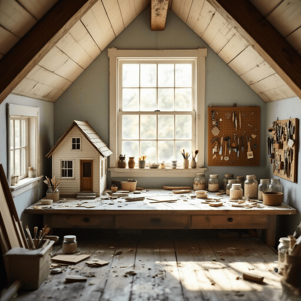 A cozy attic craft space with sloped ceilings, featuring a paint-splattered worktable and an in-progress dollhouse exterior, illuminated by early morning light. Scraps of balsa wood and miniature shingles are scattered on a weathered wooden floor, while mason jars filled with tools line the windowsill and a pegboard displays specialized instruments. Soft cream and pale blue tones create a serene atmosphere, contrasted by rich brown exposed beams.