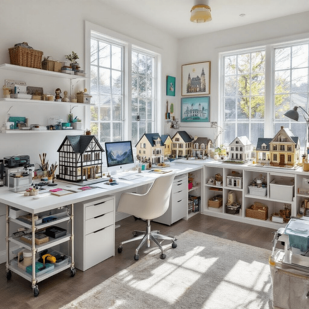 A bright home office converted into a dollhouse customization studio, showcasing various dollhouses under renovation, organized tools and materials, and completed projects in diverse architectural styles, all illuminated by midday sun through floor-to-ceiling windows.