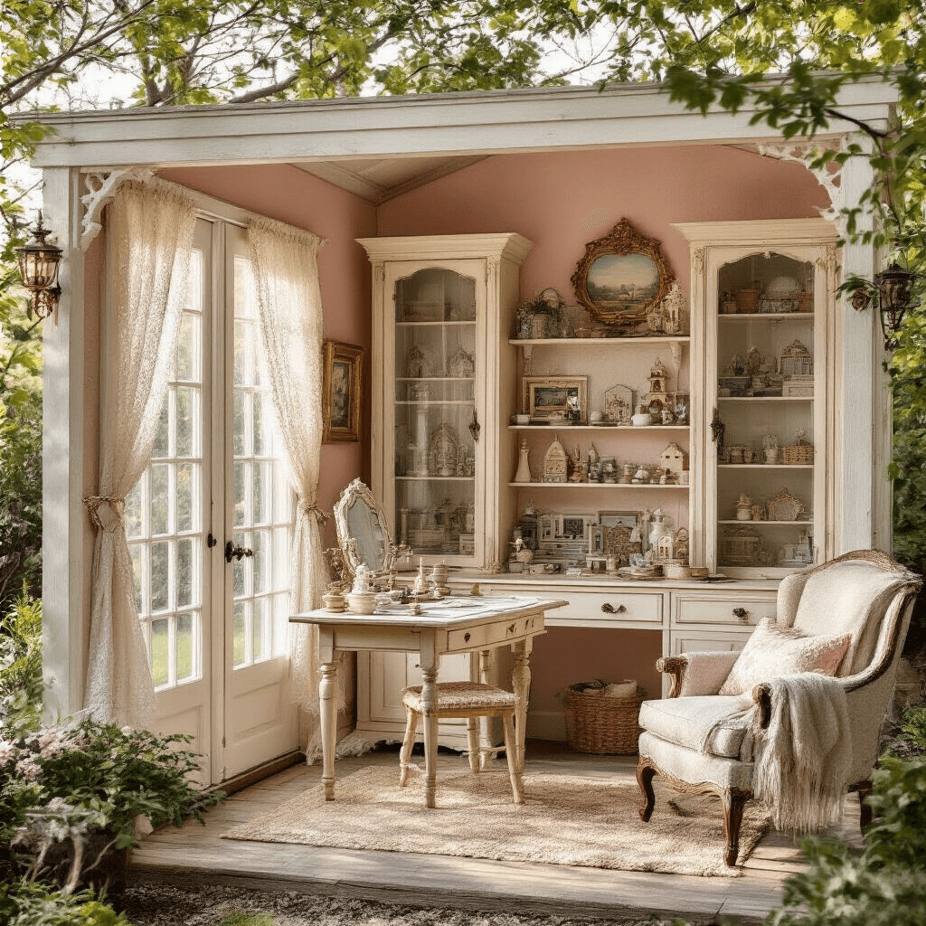 A charming backyard she-shed dollhouse workshop with French doors, filled with golden hour light, showcasing a Victorian-style dollhouse being meticulously painted on a rustic work table, vintage cabinets displaying miniature architectural elements, and a cozy corner with an armchair draped in a soft throw.