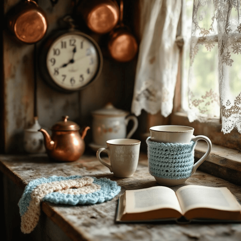 A rustic kitchen corner illuminated by warm afternoon light, featuring a weathered wooden table with handmade tea accessories, including a crocheted mug cozy, a felt teacup bookmark, and a whimsical clock made from a vintage tea tin, with copper pots overhead and jars of loose tea leaves in soft focus.