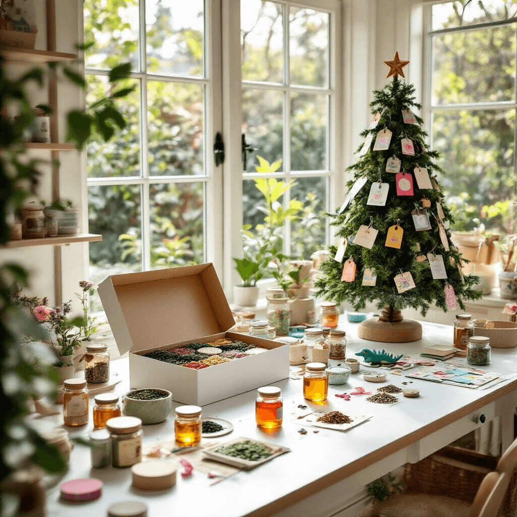 A bright craft room features a large white work table overflowing with tea gift-making supplies, including colorful loose leaf teas, honey jars, and a Loch Ness Monster tea infuser, with a half-covered Christmas tree form made of tea bags. Soft natural light highlights the vibrant materials scattered around.