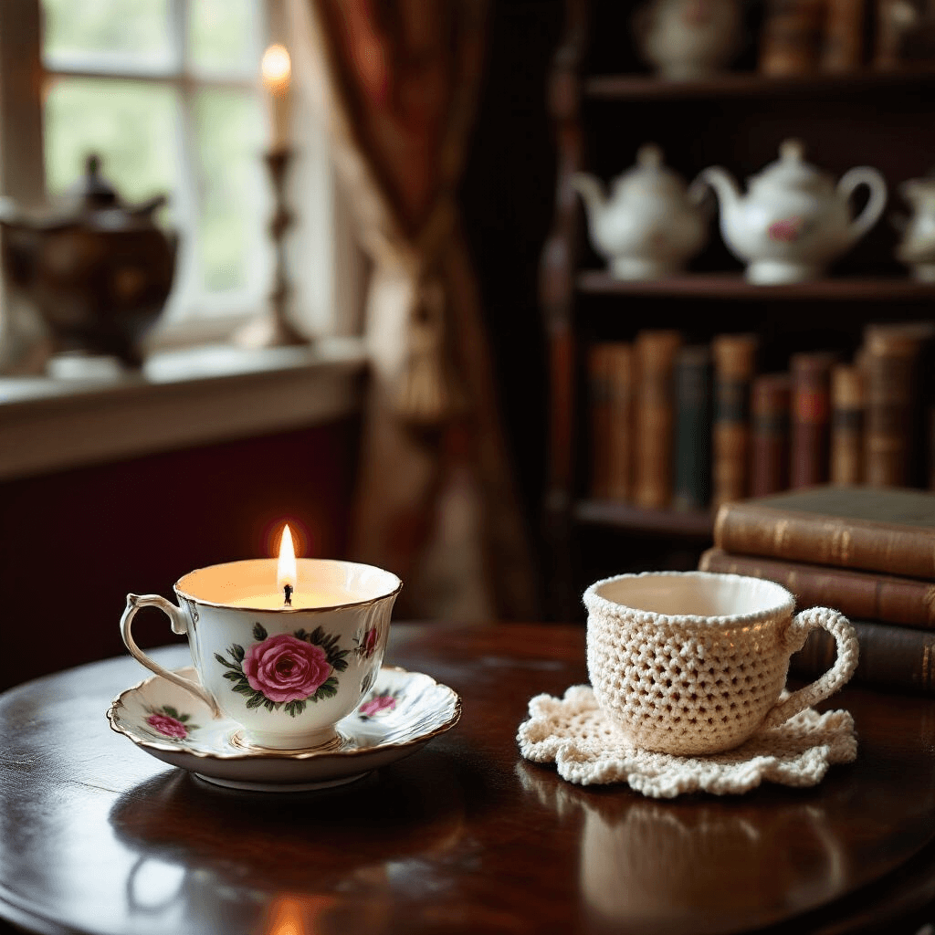 An intimate vintage-inspired living room with a side table featuring a flickering teacup candle and a crocheted play teacup, surrounded by deep burgundy walls and a bookshelf filled with antique teapots and novels, creating a cozy atmosphere.