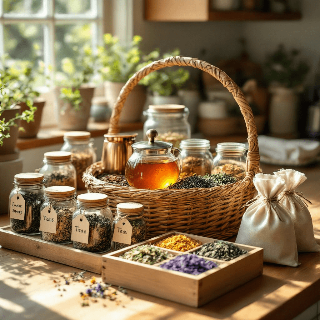 A sunlit kitchen counter displays an inviting array of DIY tea gifts, featuring a basket of assorted teas, a copper infuser, honey, colorful glass vials of loose leaf tea, a wooden box with tea samples, and muslin bags filled with homemade blends, all beautifully illuminated by natural light.