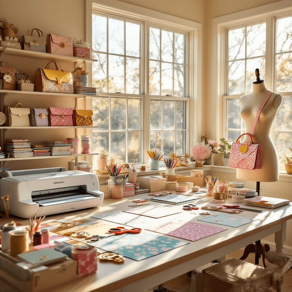 A bright craft room filled with afternoon sunlight, featuring a central worktable covered in colorful cardstock, scissors, and glue. Open shelving displays completed paper purses, while a cutting machine and spools of ribbon adorn a side table. Soft pastels and gold accents create a cheerful atmosphere, with a vintage dress form showcasing a large 3D paper purse in the corner.