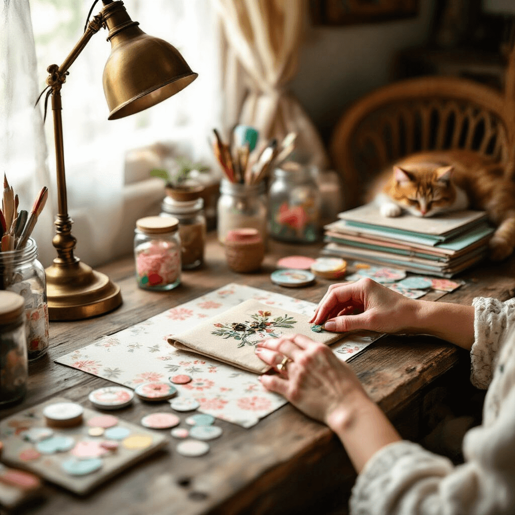 Close-up of hands crafting a no-die paper purse at a rustic wooden desk, bathed in early morning light. The workspace features an antique brass lamp, mason jars of tools, and patterned papers, with a half-completed purse, colorful stickers, and embellishments in focus. A sleeping cat is nearby in a wicker chair, while the warm and earthy color scheme includes mint and coral accents.