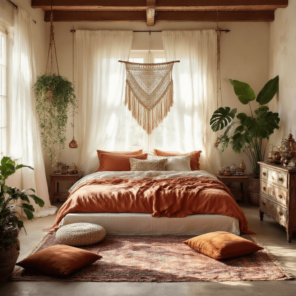 Boho Bedroom Design: Create Your Ultimate Relaxed Sanctuary A boho bedroom filled with warm golden light, featuring a low-profile platform bed dressed in terracotta and cream linens, macramé wall hangings, jewel-toned floor cushions, and a vintage Moroccan side table, all surrounded by trailing plants and a large monstera.