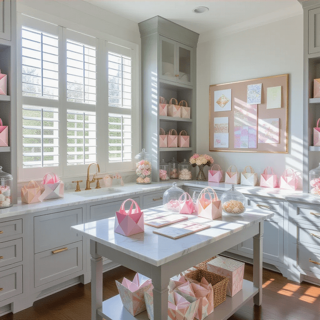 An elegant home office transformed into a gift-wrapping station, featuring built-in gray cabinetry, a marble countertop, and a central island with origami paper purses. Sunlight filters through plantation shutters, highlighting glass canisters of ribbons and bows, with pastel pink and gold accents throughout. An inspiration pinboard adorns the wall, viewed from an eye-level angle at the doorway.