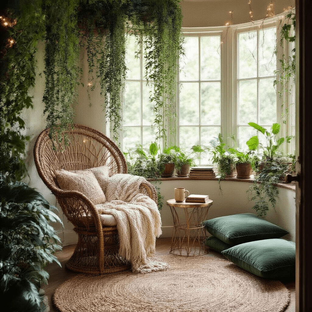 Boho Bedroom Design: Create Your Ultimate Relaxed Sanctuary Intimate boho bedroom reading nook featuring a rattan peacock chair draped in a cream knit throw, framed by floor-to-ceiling windows. Hanging plants create a canopy, while a jute rug anchors the space. A brass side table holds a ceramic mug and vintage books, with emerald green velvet floor cushions and string lights adding a magical ambiance.