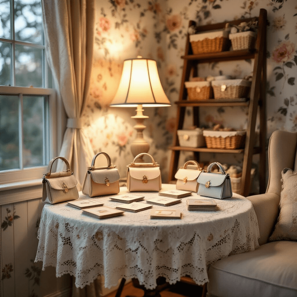 A cozy crafting nook featuring a round table draped in vintage lace, showcasing a variety of handmade gift card holder purses. Soft lamplight creates a warm atmosphere, while a ladder shelf filled with crafting supplies and tags stands nearby. Floral wallpaper in muted tones complements the pastel purses, and a plush armchair is visible in the background, inviting creativity. The image is captured from a slightly low angle, emphasizing the table display.