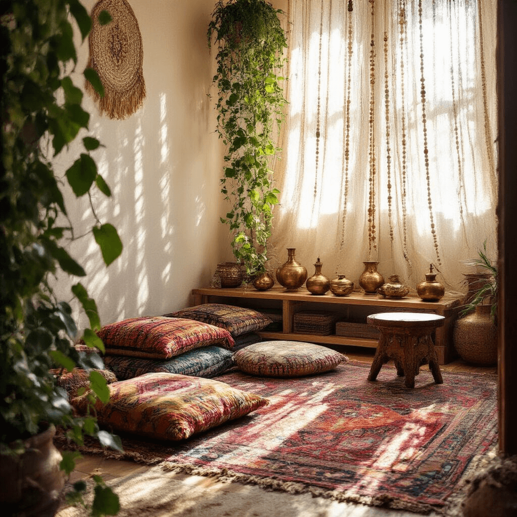 Boho Bedroom Design: Create Your Ultimate Relaxed Sanctuary A serene boho bedroom meditation corner, illuminated by mid-morning sunlight filtering through a beaded curtain, casting patterns onto rich jewel-toned floor cushions and a handcrafted wooden stool atop layered vintage Kilim rugs, with brass incense holders and ceramic vessels on a bamboo shelf, framed by trailing pothos and string of pearls plants.