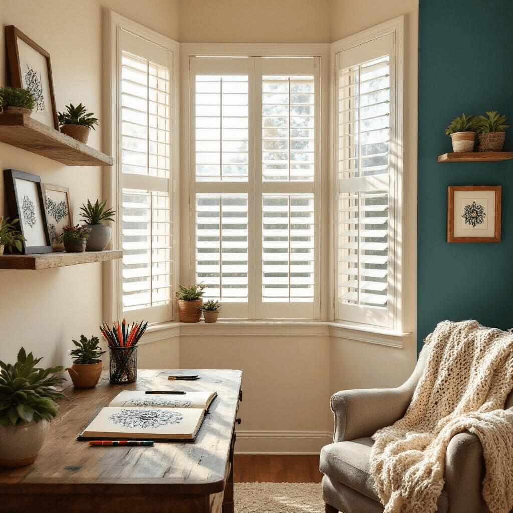A cozy home office nook with a large bay window, rustic wooden desk with colorful pens and a sketchbook, floating shelves with Zentangle artwork and succulents, soft cream walls and deep teal accent wall, plush armchair with a crocheted throw, captured from a high corner in warm afternoon light.