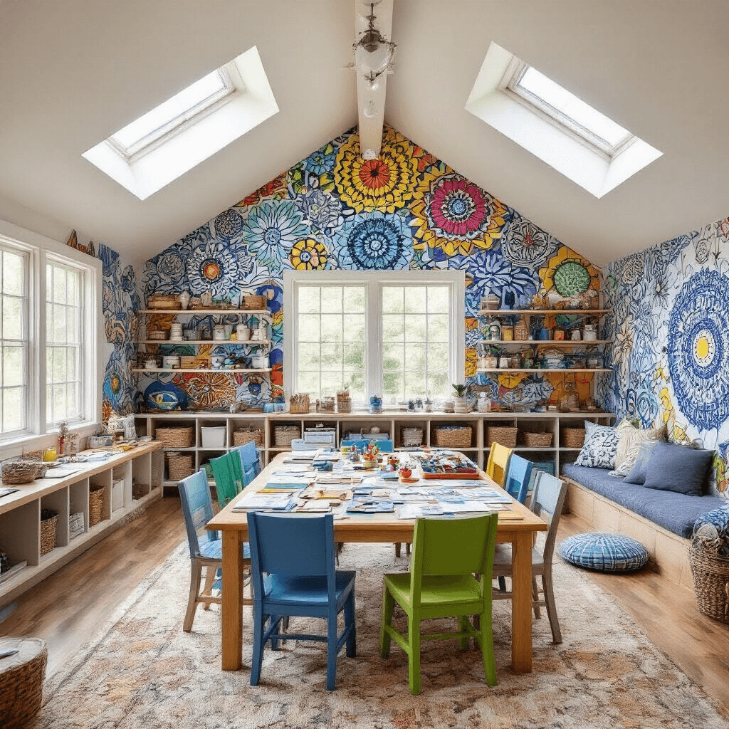 A colorful children's playroom transformed into a Zentangle wonderland, featuring bold murals, a central craft table with supplies, mismatched blue and green chairs, and a cozy reading nook, all illuminated by natural light from skylights.