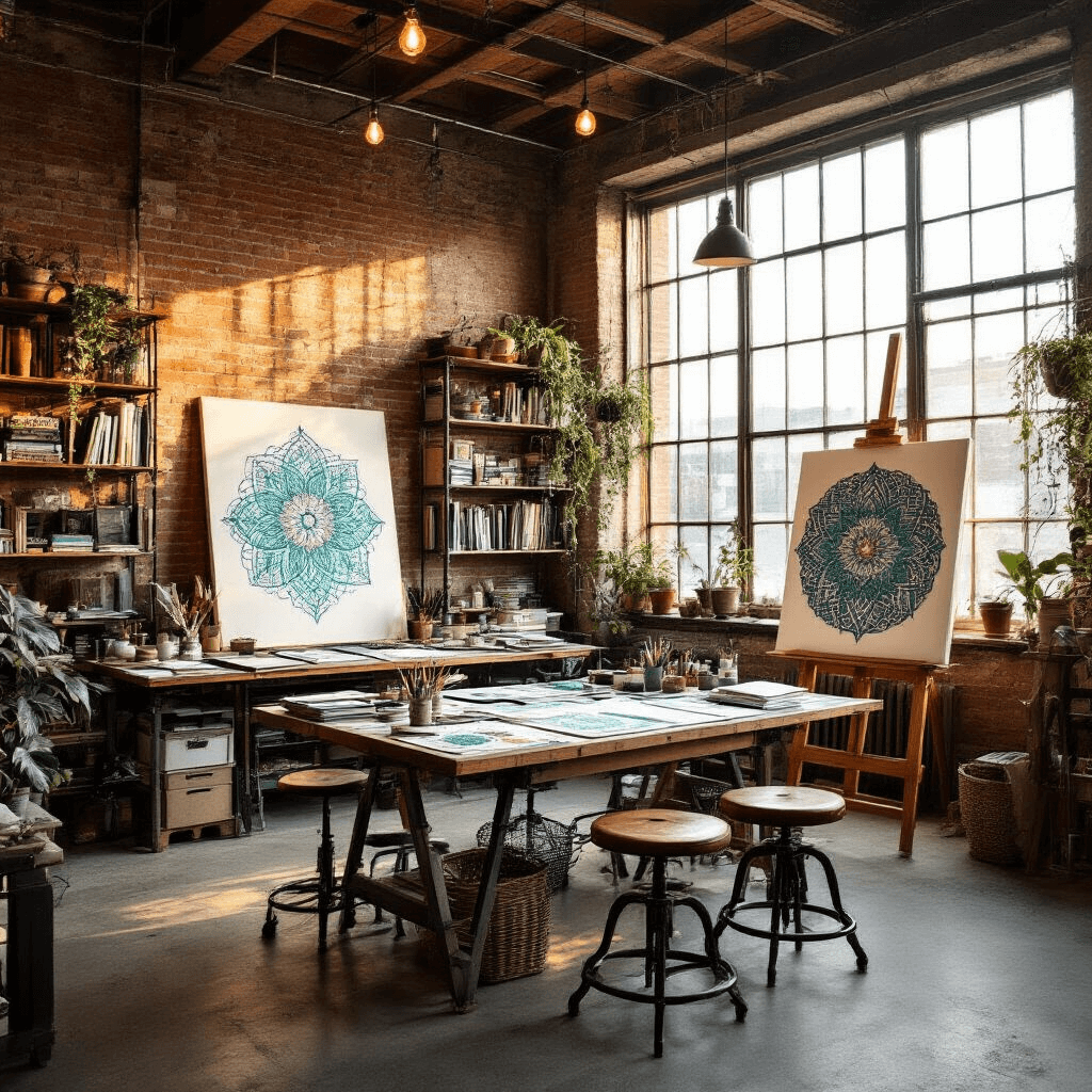 An artist's loft studio at golden hour, featuring exposed brick walls, large factory windows, and a central worktable covered in Zentangle projects, surrounded by drafting stools. A wall of floor-to-ceiling bookshelves filled with art books and supplies is visible, alongside an easel with a large-scale Zentangle piece. Hanging plants and string lights add a bohemian touch, with a neutral color palette accented by teal and burnt orange textiles. Warm sunlight creates long shadows and highlights the textures in the space.
