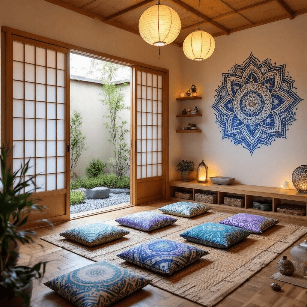 A serene meditation room featuring bamboo flooring and shoji screen doors, with a low platform surrounded by Zentangle-patterned cushions, hand-painted mandalas on the walls, and a small water feature, all illuminated by soft lighting from paper lanterns and Himalayan salt lamps.