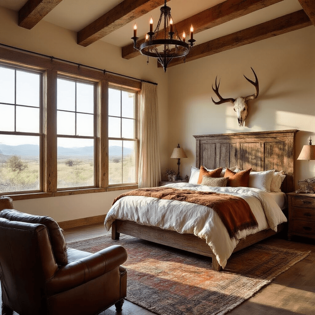 A spacious bedroom featuring a king-size bed with a reclaimed barn wood headboard, layered with cream cotton and rust-colored throws, a vintage saddle-leather armchair beneath mounted antlers, and a wrought-iron chandelier, all illuminated by golden hour sunlight streaming through large windows.