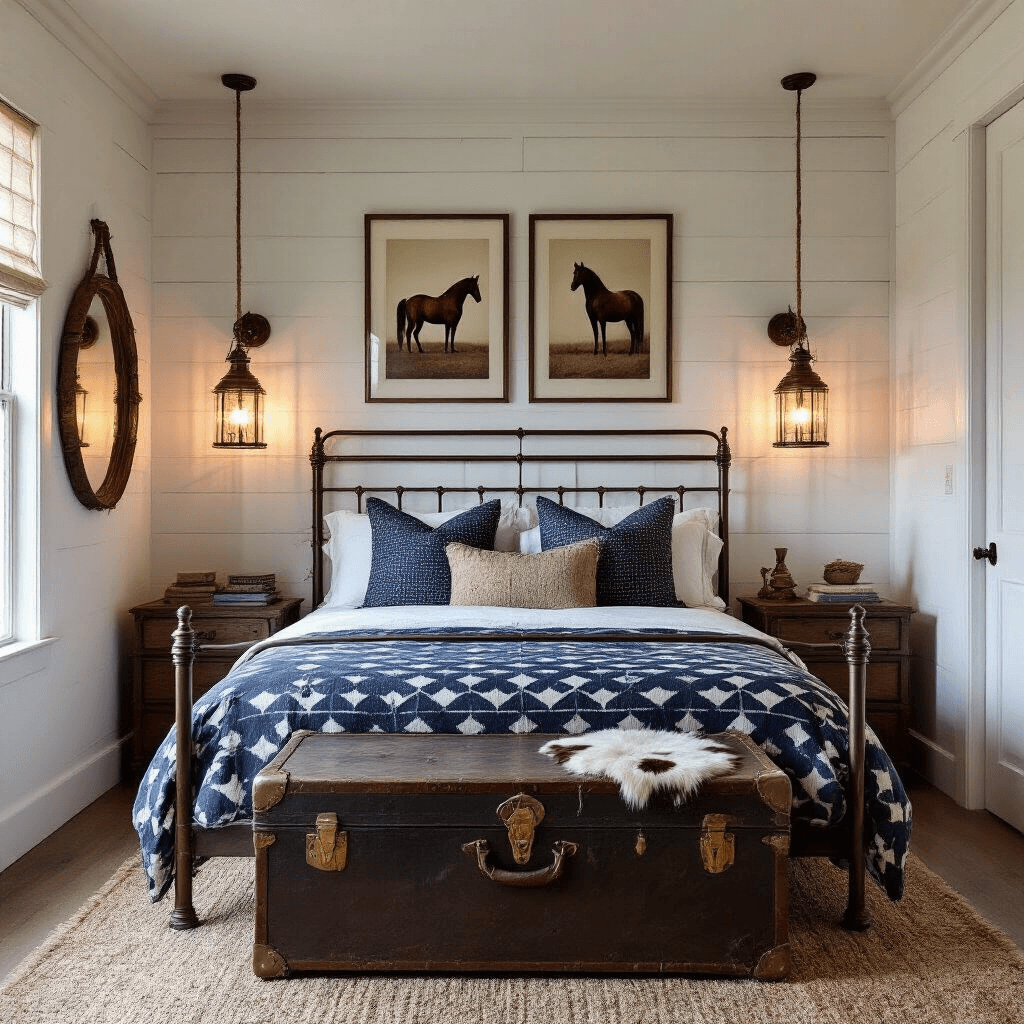Intimate guest bedroom at dusk, featuring a weathered bronze bed frame with navy and tan geometric bedding, cowhide accent pillows, and a distressed trunk bedside table with a vintage brass lamp. The room is softly illuminated by twin copper lantern sconces, with a rope-wrapped mirror and sepia horse prints on whitewashed walls, captured from a low corner angle to emphasize the moody atmosphere and ceiling height.