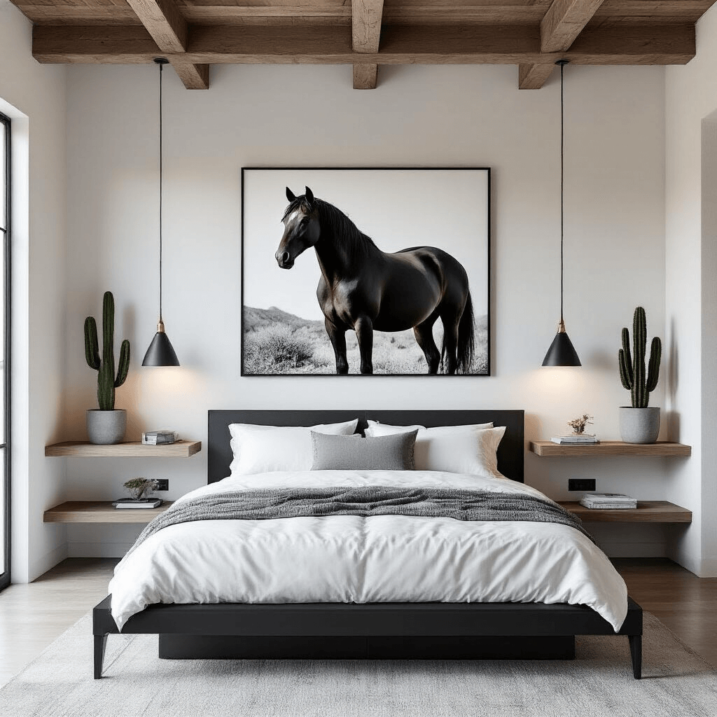 A modern western primary suite featuring a minimalist black metal platform bed with white linens and a grey wool throw, illuminated by morning light. An oversized black-and-white horse photograph serves as the focal point, while sleek cacti in concrete planters are arranged on floating wood shelves. The shot captures the room from an elevated position, highlighting symmetry and negative space amidst a balance of cool natural light and warm accents.