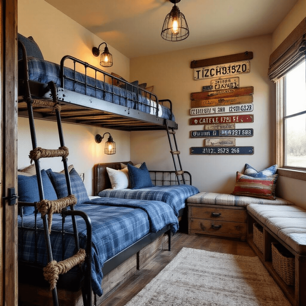 Cozy 10x12ft bunkroom at sunset featuring twin iron beds with leather-wrapped headboards in denim blues and plaids, a vintage license plate art installation as a feature wall, a rope ladder leading to a reading nook adorned with southwestern pillows, and a raw wood floating nightstand with an industrial cage lamp, all captured from a child's eye level to highlight the playful western atmosphere.