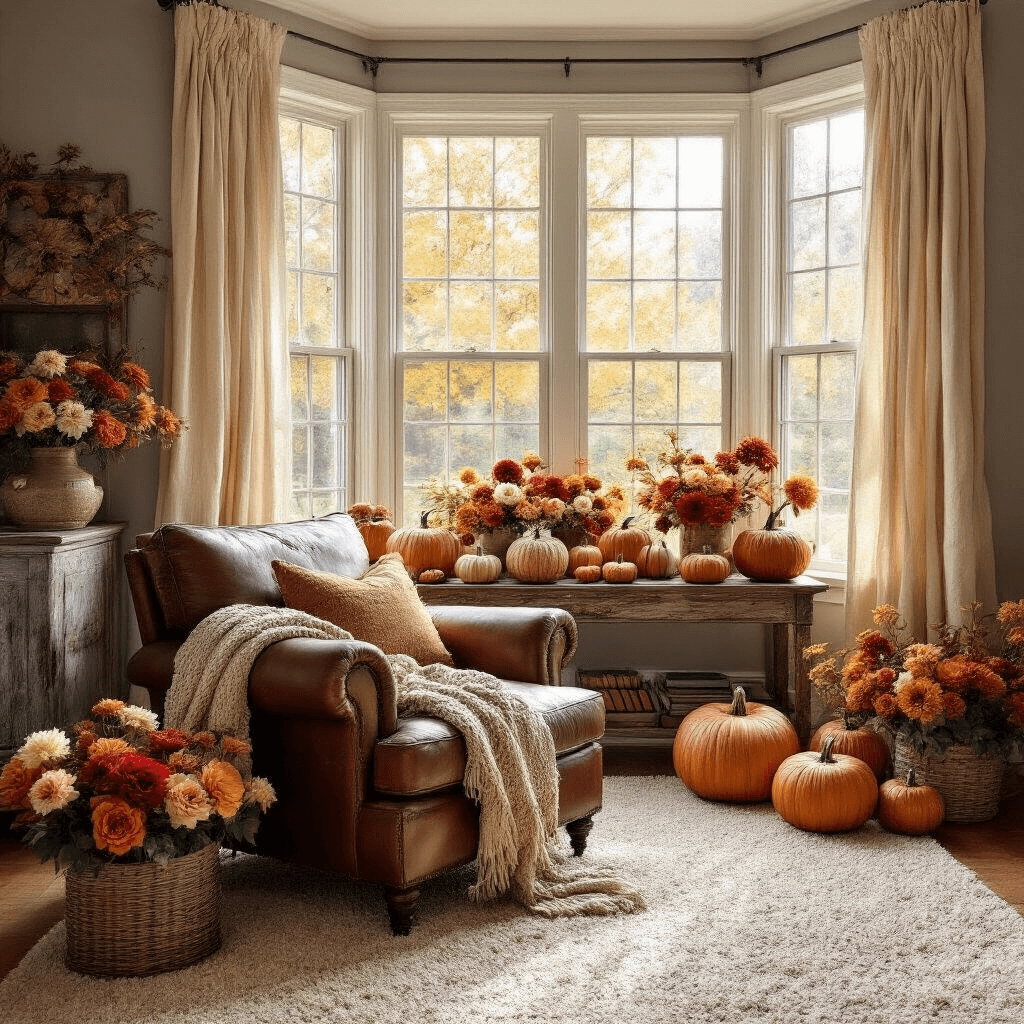 Cozy living room corner with a leather armchair, chunky knit throw, and a side table adorned with DIY floral pumpkins, illuminated by warm afternoon light through a bay window with cream curtains.