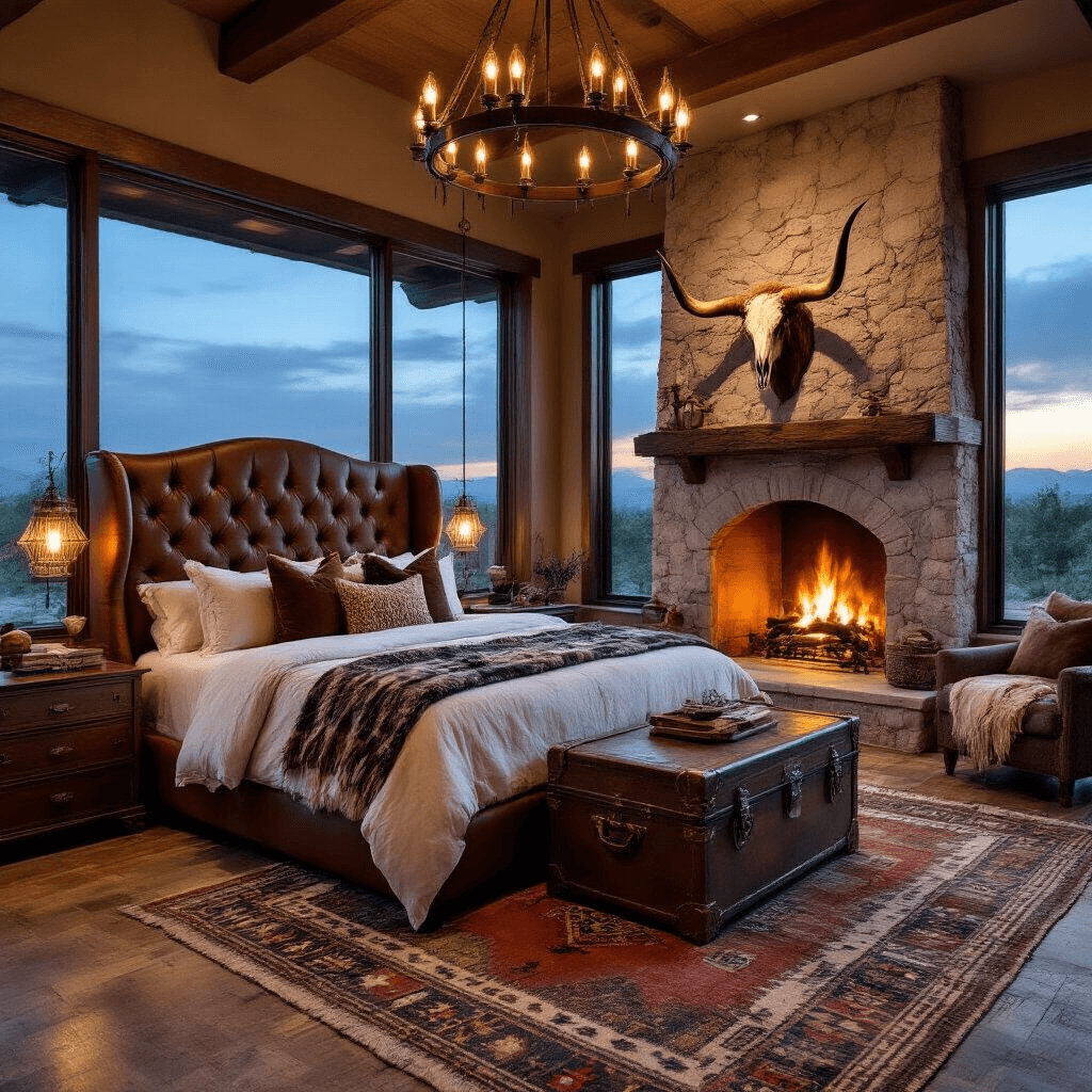 Luxurious master retreat featuring a custom king bed with tufted cognac leather headboard, cream linens, and tribal blankets, illuminated by firelight from a floor-to-ceiling stone fireplace; antique trunk coffee table on a vintage Navajo rug, with a bronze chandelier overhead, showcasing dramatic shadows and architectural details at twilight.