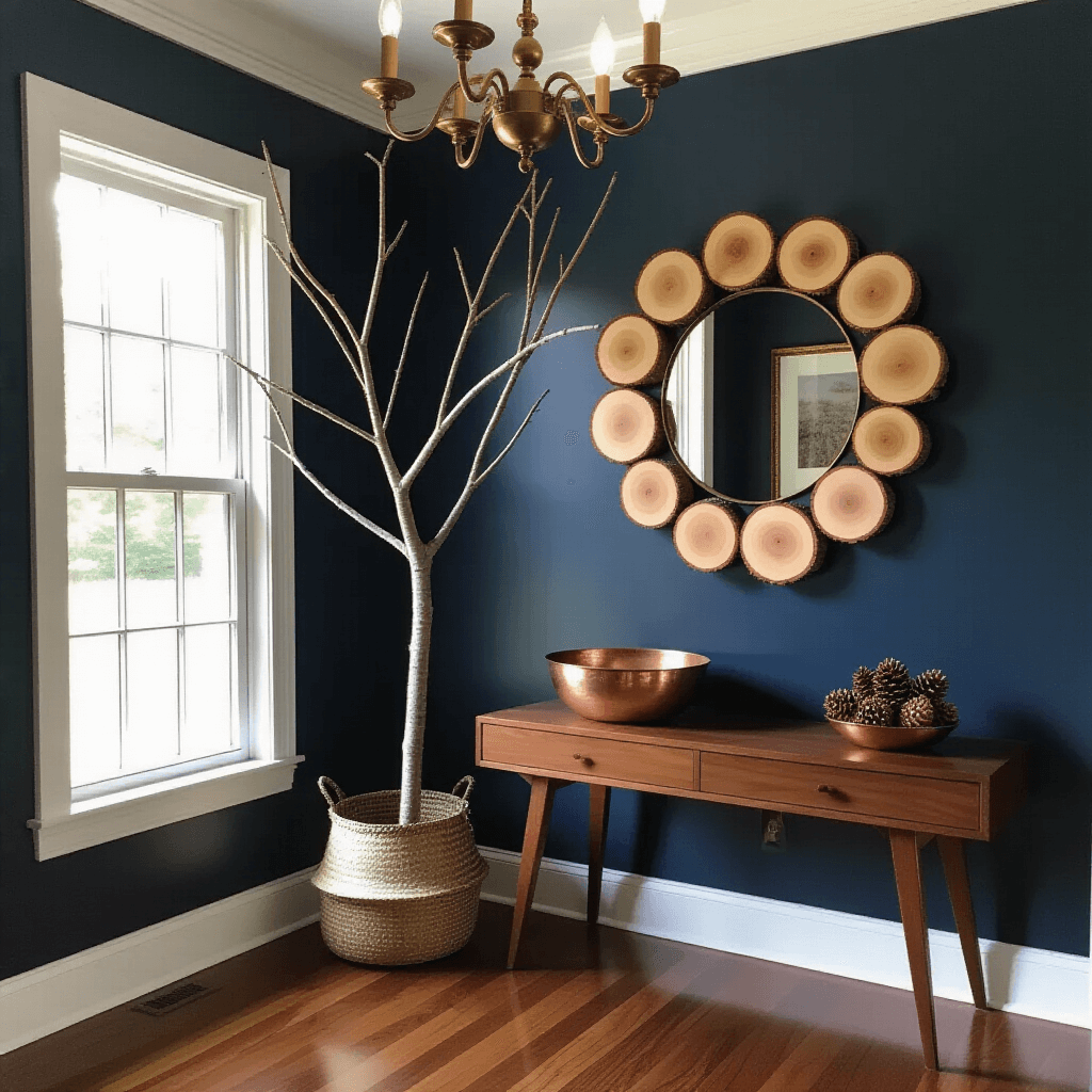 Entryway vignette featuring a tall DIY wood slice branch against a navy wall, a mid-century modern walnut console table with a hammered copper bowl of pinecones, a gold-framed mirror above, and illuminated by a vintage brass chandelier.