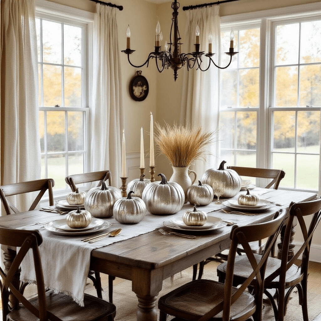 A beautifully set dining room table for a fall feast, featuring DIY mercury glass pumpkins, vintage silver cutlery, taper candles, and wheat stalks, with soft afternoon light filtering through sheer curtains, surrounded by mismatched wooden chairs and warm cream-colored walls adorned with family photos.