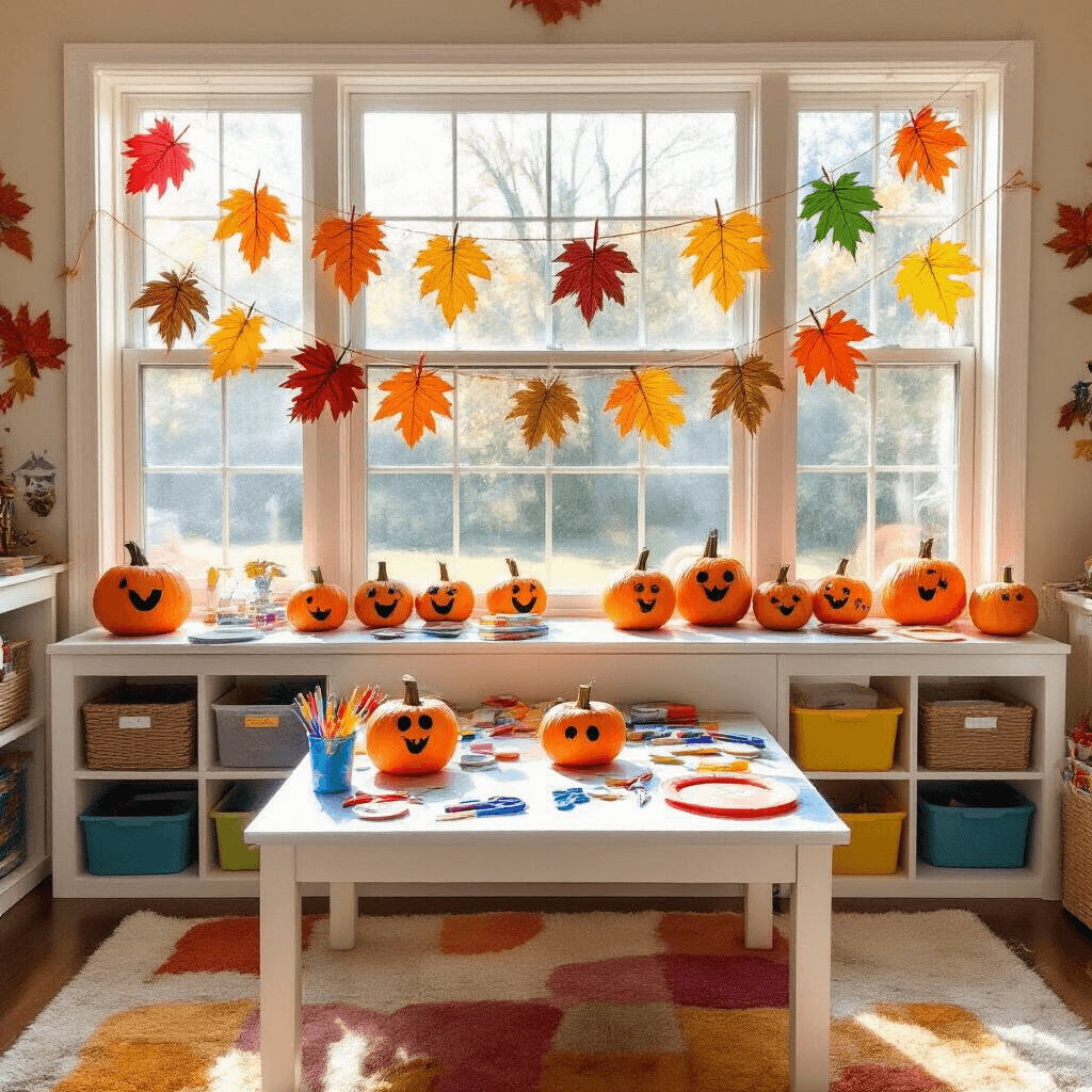 A bright playroom craft corner filled with fall-themed creations, featuring a low white table covered in craft supplies and paper plate pumpkins in progress, colorful hand-painted leaves hanging in the window, multicolored rug on the floor, and cheerful yellow walls adorned with children's artwork.