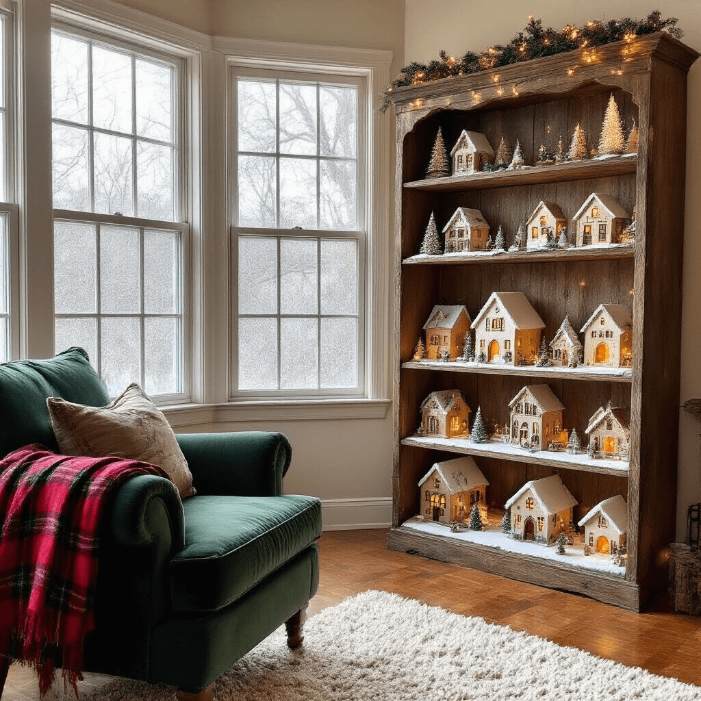 A cozy living room corner with warm afternoon light, featuring a bay window, a tall rustic bookshelf showcasing a DIY Christmas village, a plush deep green velvet armchair with a red plaid throw, and a cream shag rug on hardwood floors.