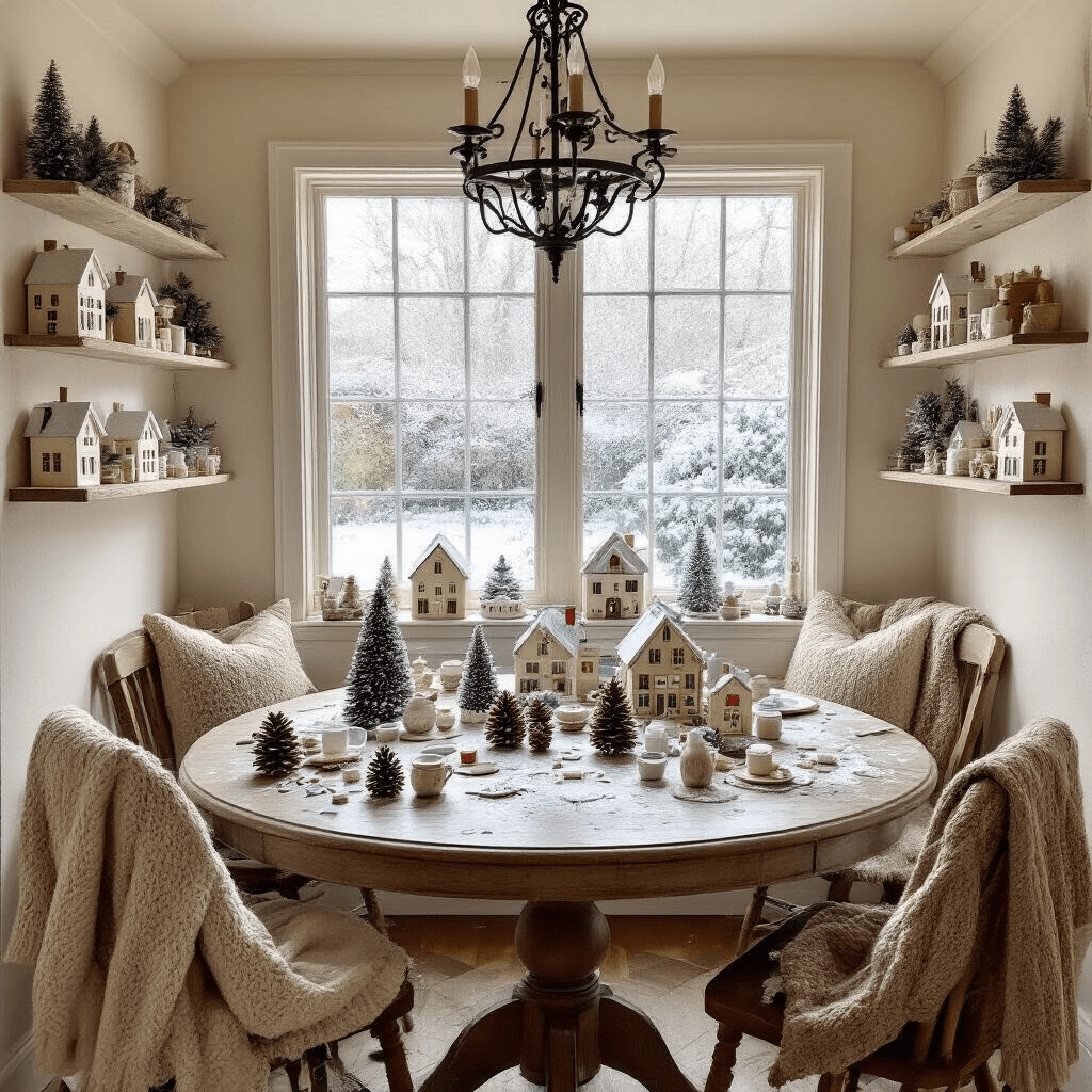 An overhead shot of a festive crafting space in an intimate dining nook featuring a round oak table surrounded by mismatched vintage chairs draped in cozy knit sweaters. The table is covered in DIY Christmas village materials, including half-painted miniature houses, glue-covered pinecones, and sparkling snow paste. A large picture window reveals a snow-dusted garden, while warm ivory walls showcase floating shelves filled with completed village pieces. A wrought iron chandelier casts a soft glow, enhancing the nurturing atmosphere.